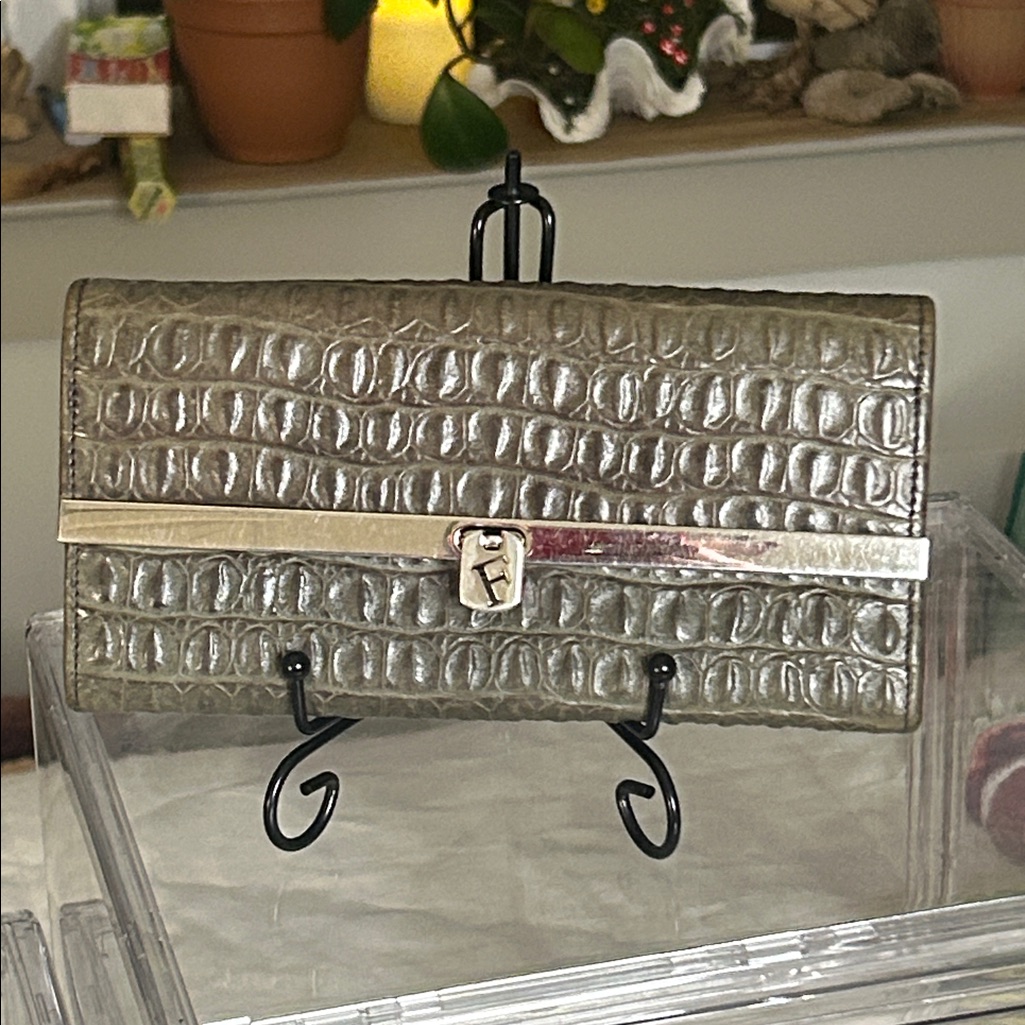 Furla Gray Croc Embossed Wallet With Silver Hardware Clasp Closure 7.75”X 4” Euc